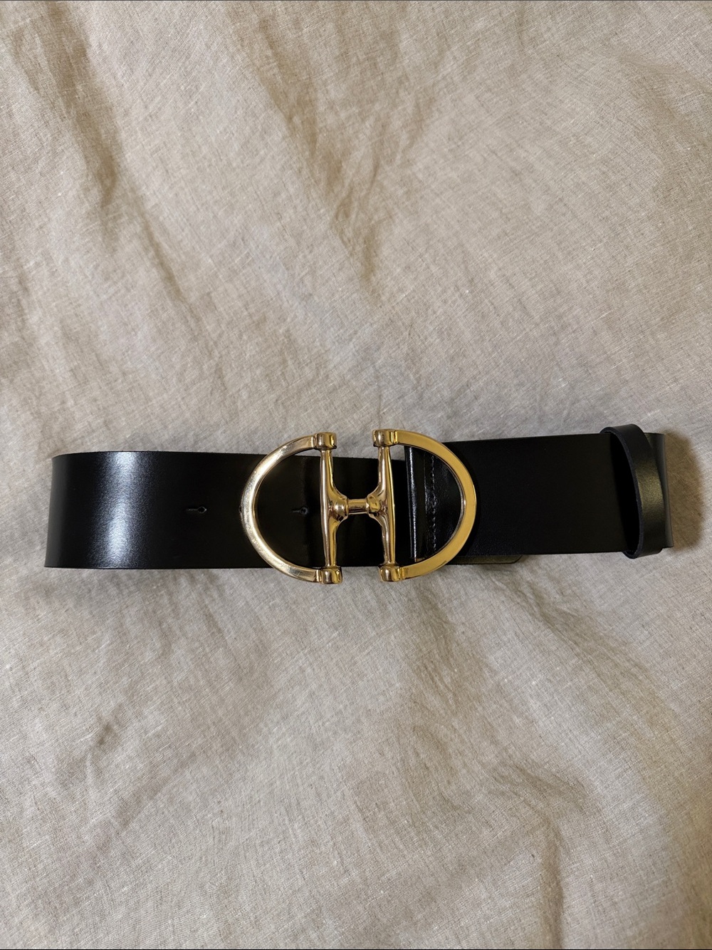 Massimo Dutti Black Leather Belt with Gold Double Ring Buckle